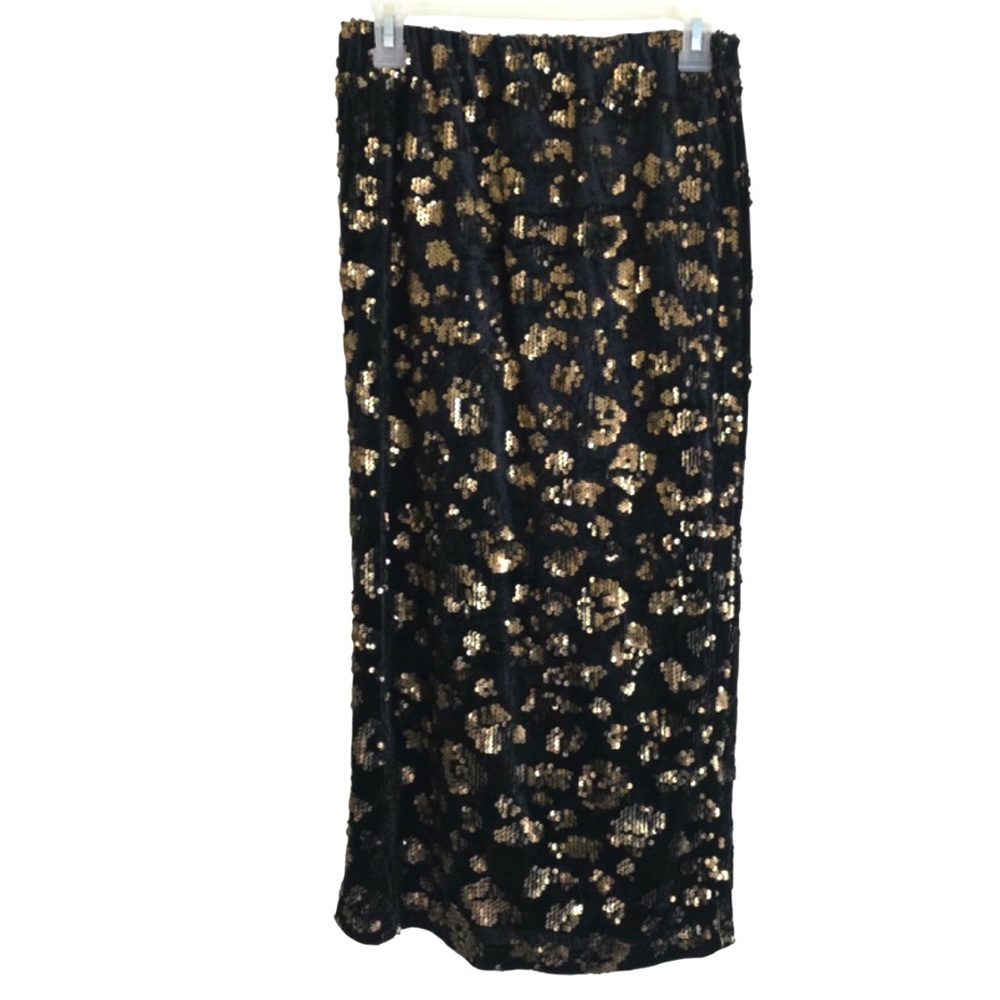 T Tahari Sequin Pull On Midi Skirt Black Velvet Cocktail Size Small - Picture 2 of 7